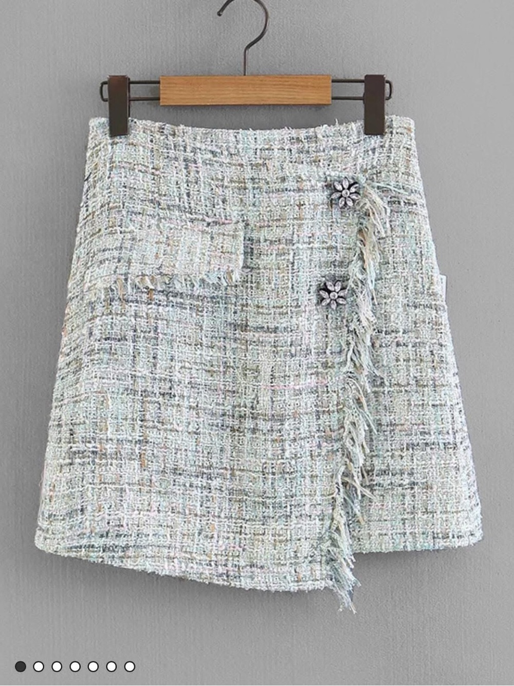 Pastel Tweed A-Line Mini Skirt with Fringe and Jewel Buttons